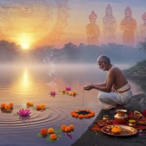 A serene riverside scene at dawn with golden sunrays piercing through morning mist, showing a traditional Indian man in white dhoti performing tarpan ritual at the water's edge. His hands are positioned in ritual mudras, offering black sesame seeds and water from a copper vessel. Above him, ethereal, translucent forms of ancestors emerge from subtle smoke, depicted in traditional Indian clothing from different eras, creating a spiritual connection between realms. The scene features floating marigold flowers and lotus petals on the water surface, with sacred threads and darbha grass visible near the ritual items. A large ornate mandala pattern glows softly in the sky, incorporating traditional Vedic geometric patterns in shades of gold and saffron. The lighting is mystical with soft blues and purples blending with warm golden tones. The art style combines hyperrealistic elements with spiritual symbolism, featuring intricate Madhubani-inspired patterns in the water ripples and mandala. Sacred objects like copper kalash, ghee lamp, and ritual items are arranged methodically on a red cloth nearby, rendered in precise detail with metallic highlights.