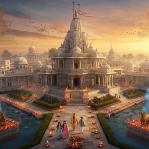 A majestic aerial view of Gorakshnath Temple complex during sunrise, with golden rays illuminating its white marble and stone architecture, surrounded by meticulously maintained gardens with blooming lotus ponds. The main temple spire rises prominently, adorned with intricate Nath sampradaya symbols and saffron flags fluttering in the breeze. In the foreground, a contemporary Indian family dressed in modern attire (father in white kurta, mother in pastel silk saree, two children) walks along a stone pathway lined with diyas and marigold flowers. The scene features mystical blue smoke from ritual fires, with translucent forms of yogis in meditation floating in the background. The color palette combines deep oranges and saffrons with peaceful morning blues and whites. Modern architectural elements like glass pavilions and LED lighting blend seamlessly with traditional temple architecture. A large Nandi statue gleams in copper-gold tones, while peacocks roam the temple grounds. The art style merges hyperrealistic digital rendering with traditional Madhubani patterns in the sky and architectural details, creating a serene yet modern spiritual atmosphere. Soft morning mist adds an ethereal quality to the scene.