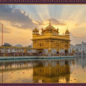 A majestic golden Gurudwara with intricate Sikh architecture rising against a sunset sky, its domes reflecting warm light. In the foreground, a serene sarovar with crystal-clear waters surrounded by white marble pathways. Multiple archways decorated with detailed Persian-style patterns lead to the main shrine. Floating lotus flowers and diyas illuminate the water. A group of Sikh pilgrims in traditional attire walking reverently on the marble pathway, their reflections visible in the water. The scene incorporates both the historic Harmandir Sahib's architectural elements and modern lighting techniques. Soft ethereal rays of light pierce through clouds, creating a divine atmosphere. Traditional Madhubani-style border patterns in gold and deep blue frame the scene. Subtle spiritual symbols like the Ik Onkar appear as delicate architectural details. The color palette focuses on royal blues, golden yellows, and pure whites, with a touch of saffron. Modern drone-view perspective showing the grandeur of the architecture while maintaining the spiritual essence. Hyper-detailed digital art style with photorealistic textures of marble, gold, and water.