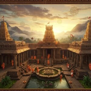 A majestic aerial view of Vyasaraja Mutt set against the mystical Tirumala hills at golden hour, rendered in a blend of traditional Madhubani and modern digital art style. The ancient stone architecture of the Mutt glows with warm saffron light, featuring intricate Karnataka-style carved pillars and traditional Madhwa symbols. In the foreground, a serene courtyard with a stylized lotus-shaped water pool reflects the sky. Multiple devotees in traditional South Indian attire are shown ascending the stone steps, their forms creating a flowing pattern. The background showcases the iconic seven hills of Tirumala with ethereal clouds and light rays breaking through them. Sacred Tulasi plants with golden aura border the courtyard. Floating mandalas with Madhwa philosophical symbols appear subtly in the sky. The color palette combines deep maroons, golden yellows, and peaceful blues, with detailed patterns inspired by Pattachitra art style. The scene is illuminated by both natural sunlight and traditional oil lamps, creating a mystical atmosphere that blends historical significance with modern spiritual tourism.