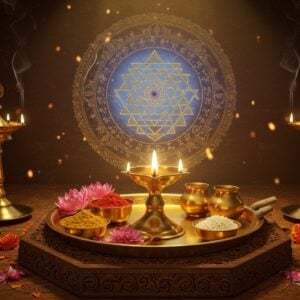 A meticulously arranged traditional Indian pooja thali in polished brass, positioned centrally on an intricately carved wooden platform, illuminated by warm golden light. The thali contains essential items: a glowing brass diya with dancing flame, fresh marigold and lotus flowers, vermillion kumkum in an ornate container, yellow turmeric powder, white rice grains, fresh tulsi leaves, and sandalwood paste. Behind the thali, a large, ethereal Vishnu yantra mandala glows in soft blue and gold hues. The scene is flanked by two ornate standing brass deepa-lakshmi lamps with multiple tiers. Smoke wisps from copper incense holders create mystical patterns in the air. The background features a wall with traditional Ramanandi tilak symbols rendered in gold, while subtle rays of divine light filter through. The entire scene is rendered in a fusion of Madhubani and modern digital art style, with rich colors of deep maroon, saffron, and peacock blue. Small floating particles of light add a magical, spiritual atmosphere, while maintaining photorealistic textures of the metal items.