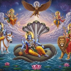 A majestic scene featuring Lord Vishnu reclining on the cosmic serpent Shesha (with 5 visible hooded heads) floating in a celestial ocean, with Garuda (half-man, half-eagle with golden feathers and royal blue wings) hovering protectively above. To the left, Lord Shiva seated on his white bull Nandi (adorned with golden bells and jewelry), while Goddess Durga rides her fierce lion (with flowing mane) to the right. In the background, Lord Ganesha appears on his mouse vahana (decorated with tiny golden anklets), and Kartikeya soars on his peacock (with shimmering iridescent feathers spread in full glory). The scene is illuminated by cosmic light, with swirling golden mandalas and intricate Madhubani-style patterns in the sky. The color palette combines deep cosmic blues, royal purples, and celestial golds. Floating lotus flowers, mystical clouds, and spiritual symbols create depth. The art style merges traditional Indian art motifs with modern digital rendering, creating a surreal, ethereal atmosphere. Soft glowing auras surround each deity and their vahanas, emphasizing their divine nature.