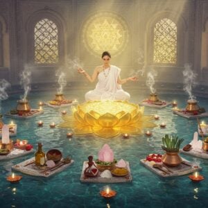 A serene Indian spa-like setting with a central golden lotus mandala floating above crystal-clear water. Ten distinct ritual stations arranged in a circular pattern, each glowing with soft ethereal light in pastel colors (predominantly whites, golds, and soft blues). Each station showcases different Ayurvedic elements - herbs, oils, crystals, copper vessels, and traditional cleansing tools. A beautiful Indian woman in pristine white cotton garments performs one of the purification rituals, her hands creating graceful mudras. Smoke from sacred herbs creates delicate swirls in the air, forming subtle geometric patterns. Traditional Madhubani-style border patterns frame the scene, featuring medicinal plants and Ayurvedic symbols. The lighting is warm and divine, with soft rays filtering through ornate jharokha windows. Small floating diyas create reflections in the water. In the background, a large yantra pattern emits a subtle golden glow. The art style combines photorealistic elements with ethereal digital effects, maintaining a modern yet spiritual aesthetic. The overall composition suggests transformation and purification.