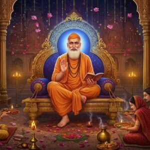A serene evening scene depicting Guru Ravidas sitting cross-legged on an ornate golden throne, wearing pristine white dhoti and kurta with a saffron angavastram, his face radiating divine wisdom and compassion. He holds sacred scriptures in his hands, surrounded by a large, ethereal blue-golden mandala halo. In the foreground, modern Indian devotees in contemporary clothing perform puja with traditional brass thalis containing flowers, diyas, and incense. The background features a magnificent temple architecture with intricate Nagara-style carvings, illuminated by warm golden light. Floating lotus flowers and rose petals create a magical atmosphere, while subtle streams of divine light descend from above. The color palette combines deep maroons, saffron, and royal blues with modern metallic gold accents. The scene is rendered in a fusion of traditional Pattachitra art style with contemporary digital art techniques, featuring detailed patterns and cultural motifs. Soft glowing orbs of light and translucent celestial elements add a mystical dimension to the composition.