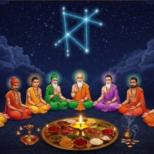 A mystical night scene showing the seven celestial sages (Saptarshis) - Kashyapa, Atri, Bharadvaja, Vishvamitra, Gautama, Jamadagni, and Vasishtha - depicted as illuminated figures in traditional Indian sage attire (saffron and white robes) seated in meditation posture in a semi-circle. Each sage emanates a distinct aura of different colors (gold, deep blue, emerald, crimson, violet, orange, and white). Above them, the Big Dipper constellation (representing Saptarshi Mandala) shines brilliantly against a deep indigo sky filled with twinkling stars. In the foreground, an elaborate puja thali with traditional items - brass diya with glowing flame, fresh flowers, kumkum, rice grains, and incense creating swirling smoke patterns. The scene is framed by intricate Madhubani-style border patterns featuring celestial motifs. The lighting is ethereal with moonlight filtering through clouds, creating a dramatic interplay of light and shadow. The art style combines photorealistic elements with traditional Indian art, featuring rich jewel tones and metallic gold accents.