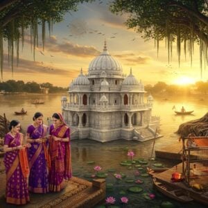A majestic aerial view of Paithan's spiritual landscape during golden hour, featuring the ornate white marble Samadhi Mandir of Sant Eknath Maharaj as the central focal point, its dome adorned with intricate gold filigree work. In the foreground, three elegant Indian women in rich purple and gold Paithani sarees with distinctive peacock border patterns examine exquisite silk fabrics. The scene is framed by ancient banyan trees with hanging roots, their leaves catching the warm sunlight. The Godavari River flows serenely in the background, with small boats and ghats visible. Scattered throughout the scene are traditional weavers working on handlooms creating Paithani sarees, their motions captured in artistic blur. The lighting is ethereal with soft golden rays filtering through clouds, creating a dreamlike atmosphere. The art style combines traditional Pattachitra techniques with modern digital art, featuring rich jewel tones of peacock blue, deep purple, and burnished gold. Lotus flowers float in the river, and subtle mandalas appear in the sky as translucent overlays. The overall composition creates a harmonious blend of spirituality, culture, and craftsmanship.