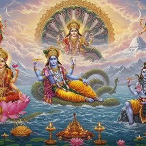 A majestic digital illustration showing Lord Vishnu reclining on the cosmic serpent Shesha in a celestial ocean, with four hands holding his iconic symbols - conch (top right), discus (top left), lotus (bottom right), and mace (bottom left). To his right, Lord Shiva in meditation pose on Mount Kailash, with third eye prominent, crescent moon in his matted hair, cobra around his neck, holding trident in right hand and damru drum in left. To the left, Goddess Lakshmi seated on a giant lotus, in rich red and gold saree, four-armed, showering gold coins from her top hands while holding lotus flowers in bottom hands. The background features a massive ornate mandala with intricate Madhubani patterns in gold and deep blue. Floating sacred symbols like Om, swastikas, and smaller deities in traditional Pattachitra style around the main figures. The scene is illuminated by divine light with soft ethereal glow, creating depth through layers of translucent celestial clouds in pastel pinks and blues. Peacock feather motifs and lotus flowers frame the composition. Photorealistic rendering with surreal elements, cinematic lighting, golden hour atmosphere, 8k resolution.