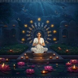 A serene nighttime garden scene with a young Indian woman in meditation pose, wearing a pristine white chuni and salwar, sitting on a carved stone platform surrounded by floating golden Sanskrit letters transforming into light particles. Multiple concentric mandalas in shades of deep blue and gold emanate from her peaceful form. Lotus flowers in various stages of bloom float in a reflecting pool around her, each containing small diyas with gentle flames. The background features ancient temple architecture with intricate Indian patterns. Soft moonlight filters through wispy clouds, creating ethereal rays. Small golden birds representing divine messengers circle above. The scene is illuminated by hundreds of floating diyas creating a warm, spiritual atmosphere. The art style combines traditional Madhubani patterns in the borders with modern digital art techniques, featuring a rich color palette of midnight blue, burnished gold, and soft whites. Multiple translucent layers of light create a divine aura, with subtle sacred geometry patterns emerging from the darkness.