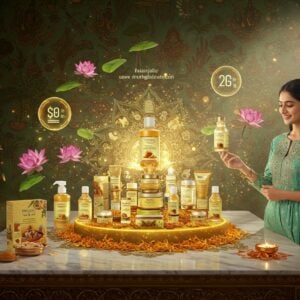 A serene Indian kitchen setting with a modern aesthetic, featuring a gleaming marble counter displaying an array of Patanjali products arranged in a mandala-like pattern. The products emit a soft golden aura against a backdrop of traditional Madhubani-style painted wall featuring medicinal herbs and Ayurvedic ingredients. Floating lotus flowers and tulsi leaves surround the products, creating a mystical atmosphere. A gentle morning light streams through a window, casting intricate shadows that form traditional rangoli patterns. In the foreground, a beautiful Indian woman in a contemporary fusion outfit (pastel blue and gold) carefully examines a product with a knowing smile. The scene includes subtle digital holographic price displays hovering above the products in warm golden hues. The overall color palette combines deep saffron, forest green, and peacock blue with modern metallic accents. Photorealistic rendering with magical realism elements, 8k resolution, cinematic lighting, depth of field effect focusing on the central product display.