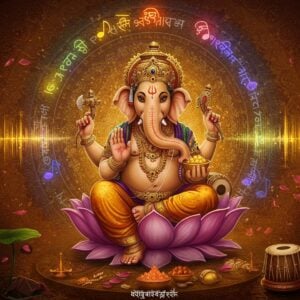 An ethereal, digital art representation of Lord Ganesha in a modern yet traditional setting, seated in Padmasana on a golden lotus throne. Four-armed Ganesha holds a modak in lower right hand, broken tusk in upper right, noose in upper left, and ankusha in lower left. His trunk is gracefully curved towards the modak. Around him float seven musical notes as glowing, colorful orbs (violet, indigo, blue, green, yellow, orange, red). Multiple translucent layers of sound waves in gold and saffron emanate from him in concentric circles. The background features a large, intricate mandala in peacock blue and gold with Sanskrit symbols subtly woven in. Floating lotus petals and musical instruments like veena and mridangam appear partially ethereal. The scene is illuminated by soft, divine light creating a dreamlike atmosphere. Art style combines traditional Madhubani patterns with modern digital aesthetics, using a color palette of rich maroon, saffron, gold, and peacock blue. The overall composition suggests divine music and spiritual elevation.