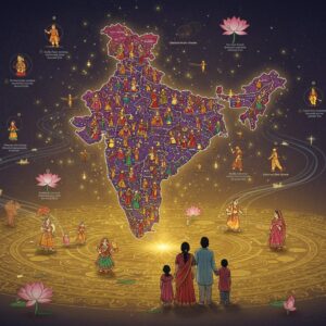 An intricate map of India rendered in traditional Madhubani art style, floating above a mystical golden mandala. The states are depicted in vibrant jewel tones - deep sapphire, royal purple, emerald green, and burnished gold. Each state's relative population density is represented by intricate patterns of tiny figures in traditional Indian attire, creating a beautiful tapestry effect. Major cities glow like small golden stars. The map is surrounded by flowing streams of demographic data visualized as graceful, swirling streams in peacock blue and saffron. In the foreground, a modern Indian family of four (parents and two children) in contemporary clothing stand looking up at the floating map. The scene is illuminated by soft, ethereal light with lotus flowers and sacred geometric patterns floating in the background. The art style combines digital precision with traditional Indian artistic elements, creating a harmonious blend of modern infographic aesthetics and cultural artistry. The overall composition suggests growth, unity, and progression with a dreamy, surreal quality.