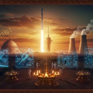 A stunning futuristic scene showcasing a seamless blend of traditional Indian architecture and modern technology, featuring the iconic ISRO rocket launching pad in Sriharikota with a majestic rocket ascending against a dawn sky painted in saffron, white, and green hues. In the foreground, a detailed Madhubani-style border frames the scene, incorporating traditional patterns with modern scientific symbols. The mid-ground shows holographic projections of India's scientific achievements - the Aryabhata satellite, Param supercomputer, and nuclear reactors, rendered in glowing peacock blue and gold. Indian scientists in traditional and modern attire work collaboratively around these projections. The scene is illuminated by both traditional brass diyas and modern LED lights, creating a mystical atmosphere. Lotus motifs morph into circuit board patterns, while ancient mathematical symbols from Vedic mathematics float in the air as golden particles. The art style combines hyperrealistic digital rendering with traditional Indian art elements, featuring rich textures, intricate details, and a color palette of deep maroon, saffron, metallic gold, and electric blue. The overall composition suggests progress, innovation, and the bridge between India's ancient wisdom and modern scientific prowess.