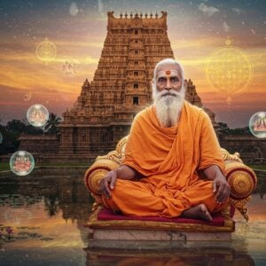 A serene portrait of an elderly Indian spiritual master in flowing saffron robes, seated in padmasana on an ornate marble platform. His face radiates divine wisdom with deep meditative eyes, long silver beard, and a subtle golden aura surrounding him. Behind him rises a massive ancient stone temple with intricate Dravidian architecture, its spires reaching into a mystical twilight sky filled with swirling golden mandalas and lotus patterns. Floating crystal orbs containing scenes of spiritual teachings surround him. The foreground features a peaceful lotus pond reflecting the scene, with soft rays of light emerging from the water. The art style combines hyperrealistic digital rendering with traditional Thanjavur painting elements, featuring rich jewel tones of deep maroon, saffron, and peacock blue. Delicate sacred geometry patterns and Sanskrit symbols float ethereally in the air, while divine light streams down from above. The overall composition creates a powerful sense of spiritual mastery and timeless wisdom.