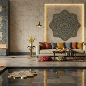 A stunning modern Indian living room showcasing intricate marble-patterned tiles in rich ivory and gold, with delicate Madhubani-inspired motifs seamlessly integrated into the design. The room features a grand accent wall with peacock blue geometric tiles arranged in a contemporary mandala pattern, illuminated by warm, ethereal lighting from brass pendant lamps. In the foreground, a flowing water feature with lotus-shaped tiles creates a mesmerizing reflection. The space combines traditional elements like brass artifacts and silk cushions with modern furniture, all resting on large-format tiles that transition from earthy terracotta to sophisticated grey tones. Soft ambient lighting casts golden shadows that highlight the tiles' textural details. The scene includes subtle touches of traditional Indian patterns in the background, with scattered marigold petals adding warmth. The composition follows sacred geometry principles, with tiles arranged in harmonious Vastu-compliant patterns. Photorealistic rendering with attention to surface textures, light play, and reflections, creating a luxurious yet spiritually balanced atmosphere.