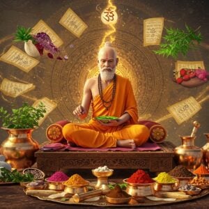 A serene Indian sage in traditional saffron dhoti seated in padmasana on an intricately carved wooden platform, surrounded by copper and brass Ayurvedic vessels and mortar-pestles. His hands gracefully work with medicinal herbs while floating around him are photorealistic 3D renderings of various healing plants - neem leaves, tulsi, ashwagandha, and triphala. The background features a large, glowing mandala pattern in deep gold and peacock blue, incorporating the symbols of five elements. Streams of golden light spiral through ancient Sanskrit medical manuscripts that float ethereally. The scene is illuminated by warm, diffused sunlight filtering through morning mist. In the foreground, a elaborate arrangement of fresh herbs, copper bowls filled with colorful healing powders, and polished brass massage tools forms a semi-circle. The art style merges hyperrealistic digital rendering with traditional Pattachitra patterns on the borders. The color palette focuses on deep earthy browns, medicinal greens, copper metallics, and saffron hues, with accent colors of peacock blue and gold.