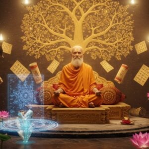 An ancient Indian sage in rich saffron robes seated in padmasana on an ornate marble platform, surrounded by floating, luminescent scrolls and ancient Sanskrit manuscripts. The sage's face is serene and wise, with a traditional tilak on his forehead. Behind him, a massive golden tree of knowledge emerges, its branches forming intricate Madhubani-style patterns that transform into flowing streams of cosmic energy. The scene is illuminated by multiple ethereal light sources, creating a divine atmosphere. In the foreground, a sophisticated holographic projection displays geometric sacred symbols and mandalas in peacock blue and deep maroon. Crystal-clear ripples of knowledge emanate from the sage, creating concentric circles that blend traditional Pattachitra art patterns with modern digital effects. The environment features floating lotus flowers in various stages of bloom, each emitting a soft, otherworldly glow. The overall composition should merge photorealistic elements with surreal, spiritual aesthetics, featuring a color palette of deep gold, saffron, maroon, and ethereal blues. The scene should be rendered in ultra-high definition with attention to minute details in the sage's expressions and the intricate patterns.
