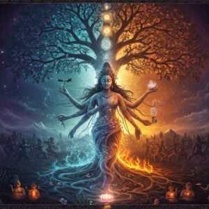 A luminous, ethereal representation of Prakṛti as a serene Indian goddess with long flowing black hair intertwined with vibrant vines and flowers, emerging from a cosmic spiral of creation. Her form is semi-transparent, composed of swirling elements - earth (rich brown), water (deep blue), fire (golden orange), air (silver wisps), and ether (iridescent purple). She has four arms - one holding a lotus, one holding a crystal representing purity, one in abhaya mudra, and one touching the earth. Behind her, a massive tree of life grows, its roots extending into the material world below (shown as geometric sacred patterns) and its branches reaching into the spiritual realm above (depicted with constellation-like patterns and mandalas). The scene is framed with intricate Madhubani-style borders featuring interconnected nature motifs. Small representations of the three gunas (sattva, rajas, tamas) appear as intertwining golden, red, and deep blue threads around her. The lighting is dreamy with soft golden highlights and deep jewel-toned shadows, creating a mystical atmosphere. The style combines hyperrealistic digital art with traditional Indian artistic elements, featuring rich colors like deep indigo, burnished gold, forest green, and cosmic purple.