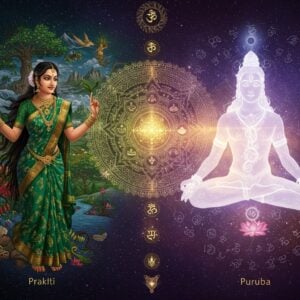 A surreal cosmic scene depicting the duality of existence - on one side, Prakṛti represented as a serene Indian woman with flowing black hair adorned in an emerald green silk saree with gold embellishments, emerging from swirling patterns of nature elements (trees, flowers, rivers, mountains) in rich jewel tones of deep blues, greens, and earthy browns. On the other side, Puruṣa depicted as a translucent, glowing masculine form in meditation pose, radiating pure white consciousness, surrounded by abstract cosmic patterns and sacred geometry in gold and silver. The two figures are interconnected by flowing energy streams in metallic gold. Between them, a large ornate mandala in traditional Madhubani style glows with ethereal light, containing symbols of both material nature and pure consciousness. The background features a gradient from deep cosmic purple to spiritual gold, with floating lotus flowers and subtle Vedic symbols. The scene is rendered in a modern digital art style while incorporating traditional Indian art elements, creating a harmonious blend of ancient wisdom and contemporary aesthetics. The lighting emphasizes the contrast between the material and spiritual realms, with soft glowing highlights and deep, rich shadows.