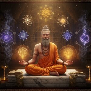 A serene Indian sage with a traditional beard and dhoti, seated in padmasana on an ornate marble platform, surrounded by floating geometric sacred symbols representing the six padarthas of Vaisheshika philosophy. The sage's hands are forming mudras, with golden light emanating from them. Above him, intricate mandalas morph into atomic structures and elemental symbols in deep indigo and gold. The background features a mystical library with ancient palm leaf manuscripts floating in spiral patterns. Ethereal wisps of smoke form visualizations of dravya (substance), guna (quality), and karma (motion). The scene is illuminated by warm golden light filtering through crystal prisms, creating rainbow refractions. The art style combines traditional Madhubani patterns in the borders with modern digital rendering techniques. Rich jewel tones of deep maroon, royal blue, and burnished gold dominate, with subtle touches of cosmic purple. The entire composition is framed by intricate Sanskrit-inspired geometric patterns that seem to pulse with inner light. Photorealistic rendering with magical realism elements, 8k resolution, cinematic lighting.