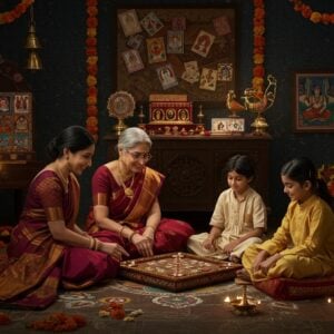 A warmly lit traditional Indian home interior with intricate Madhubani-style wall patterns, where three generations of an Indian family are gathered around a beautifully carved wooden pachisi board. The grandmother, wearing a deep maroon silk saree with gold border, is teaching her grandchildren the game while their parents watch from comfortable floor cushions. Traditional brass lamps cast a golden glow, creating dancing shadows on the walls. In the background, a wooden shelf displays other traditional games like pallanguzhi, ganjifa cards with detailed miniature paintings, and chess pieces carved from ivory-colored stone. The scene is framed by hanging brass bells and flowing marigold garlands. The color palette focuses on rich jewel tones - deep blues, burgundy, and gold, with touches of saffron and emerald green. The floor features a detailed rangoli pattern with peacock motifs. Floating ethereal elements like glowing diyas and subtle mandalas add a mystical quality. The art style combines hyperrealistic details with the decorative patterns of traditional Indian art, creating a contemporary yet cultural aesthetic. The lighting is warm and intimate, with soft highlights on the brass elements and silk textiles.