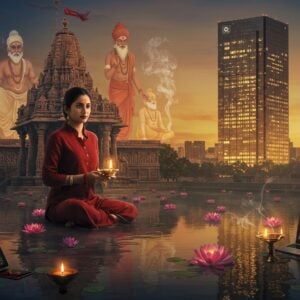 A majestic ancient Indian temple complex seamlessly merging with a modern glass skyscraper, reflected in a serene lotus pond. The temple features intricate Madhubani-style carved pillars and traditional gopuram with detailed mythological scenes. The modern building incorporates traditional mandala patterns in its glass facade, glowing with warm golden light. In the foreground, a young Indian woman in contemporary business attire holds a brass lamp, while wearing a subtle bindi and rudraksha mala. Behind her, ethereal, translucent figures of ancient sages and gurus emerge from sacred smoke, their forms rendered in traditional Pattachitra style with rich maroon and peacock blue hues. Sacred symbols like Om and Sri Yantra float as glowing holographic projections. The scene is illuminated by both modern city lights and traditional oil lamps, creating a mystical atmosphere. Floating lotus flowers emit soft, spiritual light, while digital devices nearby display ancient Sanskrit texts. The sky features a gradient from deep indigo to saffron, with subtle sacred geometry patterns. Photorealistic digital art style, cinematic lighting, volumetric fog, high detail, 8k resolution.