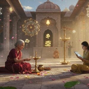 A serene Indian courtyard scene blending ancient and modern elements: an elderly woman in a traditional maroon silk saree performing puja using a brass lamp, seated on a contemporary minimalist meditation cushion. Besides her, a young woman in a modern fusion outfit (Indo-western) uses a sleek tablet displaying digital scriptures. The background features a grand temple architecture with intricate Madhubani-style patterns, seamlessly transitioning into modern glass and steel structures. Floating mandalas made of light particles and digital wireframes hover in the air. The scene is illuminated by both traditional oil lamps and modern ambient lighting, creating a harmonious golden glow. Sacred symbols like Om and Swastika are subtly integrated into the contemporary geometric patterns. A traditional rangoli pattern on the floor gradually morphs into digital holographic designs. Soft pastel mist surrounds the scene, with floating lotus petals that transform into pixels. The art style combines traditional Pattachitra techniques with modern digital art aesthetics, rendered in 8K resolution with volumetric lighting and photorealistic textures. --ar 16:9