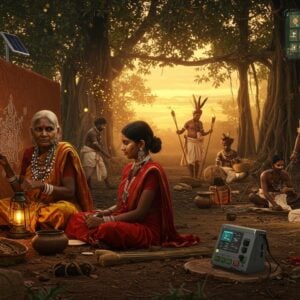 A cinematic wide shot of a sacred tribal gathering at sunset, featuring diverse Indian tribal members in authentic traditional attire. In the foreground, an elderly tribal woman with detailed facial tattoos and silver jewelry teaches a young girl the art of Warli painting on an earthen wall. The scene seamlessly blends traditional and modern elements - a solar-powered lamp illuminating their work, while traditional fire torches burn in the background. The composition includes intricate Gond art patterns floating in the air like magical wisps, merging with digital holographic displays showing archived tribal dance forms. Rich, earthy colors dominate - deep oranges, forest greens, and terracotta reds, with golden light filtering through ancient banyan trees. Multiple generations of tribal people engaged in various traditional activities - some weaving bamboo baskets, others performing ritual dances, while young members document using modern tablets. The scene is framed by traditional totem poles and modern conservation equipment, symbolizing the bridge between preservation and progress. Madhubani art style influences the overall aesthetic, with detailed patterns and motifs integrating seamlessly into the natural elements. The lighting is warm and ethereal, with floating golden particles and soft glowing mandalas in the background.