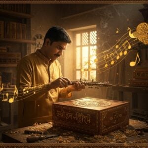 A masterful Indian craftsman in traditional kurta, illuminated by warm golden light, meticulously carving intricate patterns on a beautifully ornate wooden Shruti Box in his traditional workshop. The box features detailed Sanskrit symbols and musical notations in gold inlay. Surrounding him are floating, ethereal musical notes in deep saffron and copper hues, transforming into peacocks and lotus motifs. The background shows shelves of completed Shruti Boxes in various stages of completion, with rich mahogany and teak woods gleaming. Soft beams of morning light filter through ornate jharokha windows, creating dramatic shadows. Traditional tools are carefully arranged on a worn wooden workbench. The scene combines both Madhubani and modern digital art styles, with intricate border patterns and a sophisticated color palette of deep browns, rich golds, and warm saffrons. The lighting is mystical and dreamy, with particles of sawdust catching the light like golden stars. The atmosphere suggests deep spirituality and centuries-old craftsmanship, with hints of incense smoke curling through the air in mandala patterns.