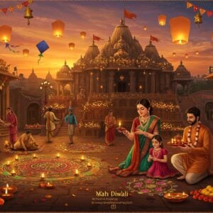 A vibrant street festival scene during Diwali celebration, featuring a grand ancient Indian temple with ornate architecture in the background illuminated by thousands of golden diyas. In the foreground, a modern Indian family in contemporary ethnic wear performs aarti, with the mother holding a decorative thali. Multiple layers of celebrations visible - some people flying colorful kites, others creating intricate rangoli with peacock motifs and geometric patterns using bright colors. The sky features a mesmerizing blend of sunset colors with floating paper lanterns. Ethereal streams of light particles and flower petals swirl through the scene. Small details include brass bells, garlands of marigold flowers, and traditional sweets being distributed. The scene combines both traditional elements (temple architecture, diyas) with modern aesthetics (contemporary clothing, stylized lighting effects). Art style should merge traditional Madhubani patterns in the borders with digital art techniques, using a rich color palette of deep maroon, saffron, gold, and peacock blue. The lighting should be warm and inviting, with a magical, celebratory atmosphere. The overall composition should flow from top to bottom in a harmonious manner, showcasing the seamless blend of tradition and modernity.