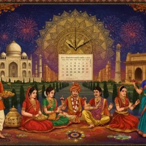 A vibrant collage-style scene showing diverse Indian celebrations across different states, centered around a large, ornate golden mandala calendar. In the foreground, a group of Indians in regional attire (Bengali in dhoti-kurta with sweets, Gujarati couple in chaniya choli performing garba, Keralite woman in kasavu saree with pookalam) celebrating their respective festivals. The background features iconic landmarks representing different states - Taj Mahal, Victoria Memorial, Gateway of India - with stylized fireworks in deep blues and golds. Traditional elements like diyas, rangoli patterns, and flower garlands frame the scene. The lighting creates a magical atmosphere with soft glows and sparkles. The art style combines traditional Madhubani patterns in the borders with modern digital art techniques, using a rich color palette of deep maroon, saffron, turquoise, and gold. Floating lotus flowers and peacock feathers add spiritual elements, while subtle clock hands made of henna patterns curve through the composition suggesting the passage of time through the year.
