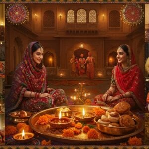 A vibrant scene depicting a Punjabi Hindu family celebration in a traditional courtyard, featuring women in elegant phulkari dupattas with intricate mirror work and men wearing modern kurta pajamas. In the foreground, a beautifully decorated copper thali with a lit diya, fresh marigold flowers, and traditional sweets like pinni. The background shows a modern interpretation of a traditional haveli architecture with carved wooden panels and jharokhas, illuminated by warm golden lighting. Multiple small vignettes show cultural elements: a Karva Chauth moon viewing ceremony, ladies performing giddha in colorful suits, and men doing bhangra. Intricate Madhubani-style borders frame the scene, incorporating Punjab motifs like wheat stalks and mustard flowers. The color palette focuses on rich punjabi colors - deep red, royal blue, mustard yellow, and emerald green, with gold accents throughout. The lighting creates a magical, ethereal atmosphere with soft glows and subtle lens flares. Art style merges hyperrealistic digital painting with traditional Indian art elements, maintaining cultural authenticity while appearing contemporary and sophisticated.