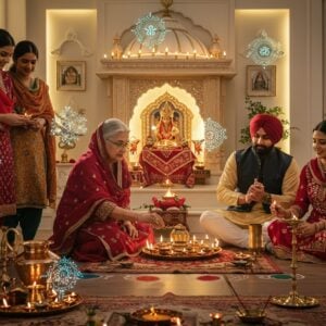A vibrant modern Punjabi Hindu family celebrating in their contemporary home, with traditional elements seamlessly integrated. The scene shows three generations dressed in modern fusion wear - women in designer suits and men in contemporary kurtas in rich colors (royal blue, deep maroon, gold). The grandmother performs an aarti with a brass thali decorated with modern LED diyas, while holographic rangoli patterns float in augmented reality around them. A sleek smart-home temple in the background features traditional carved wooden elements mixed with ambient lighting and digital displays showing sacred symbols. Traditional Phulkari patterns are projected as light installations on minimal white walls. The family members wear smart jewelry that displays traditional motifs through nano-LED technology. The scene includes modern interpretations of traditional objects: a copper water vessel with inbuilt purification, digital prayer beads, and automated incense holders. The lighting is warm and golden, with soft pink and orange hues. The art style combines hyperrealistic digital rendering with traditional Punjabi folk art patterns and motifs, creating a harmonious blend of heritage and futurism.