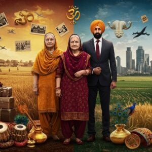 A multi-layered scene showing three generations of a Punjabi Hindu family in a modern setting - an elderly grandmother in a traditional phulkari dupatta and salwar kameez standing proudly in the center, flanked by her son in modern business attire and her granddaughter in fusion Indo-western clothes. Behind them, a dynamic split background - one half showing historical scenes of migration with old suitcases, vintage photographs, and traditional Punjab villages with wheat fields, the other half showing modern cityscapes of London, Toronto, and Sydney. Floating cultural symbols include the Khanda, Om symbol, and peacock motifs. The family is adorned with traditional gold jewelry while the foreground features items representing cultural preservation - a tabla, folk dance props, and traditional utensils. The art style combines Phad painting techniques with modern digital art, using rich colors like saffron, maroon, and royal blue. Soft golden light illuminates the scene, creating a warm, nostalgic atmosphere. Intricate mandala patterns frame the composition, with subtle motifs of wheat stalks and lotus flowers integrated throughout. The overall mood is one of pride, continuity, and adaptation.