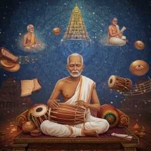 A serene indoor scene of an elderly Purandara Dasa in traditional white dhoti and angavastram, seated cross-legged on an ornate wooden platform, playing a tambura with divine expression. His figure emanates a soft golden aura. Behind him, a large intricate mandala in deep blues and golds morphs into musical notations and symbols of Carnatic music. Multiple ethereal, translucent layers show glimpses of his journey - a young merchant transforming into a saint, teaching disciples, and writing compositions. The scene is adorned with floating bronze cymbals, veenas, and mridangams arranged in a spiral pattern. Traditional Madhubani-style peacocks and lotus motifs frame the composition. The lighting is mystical with streams of golden light falling from above. The color palette features rich maroons, peacock blues, and burnished golds, with hints of saffron. The art style merges classical Indian miniature painting techniques with modern digital art aesthetics, creating a surreal, timeless atmosphere. Delicate patterns of musical notes flow like river streams across the scene. The background subtly features the temples of Hampi where he composed many of his works.
