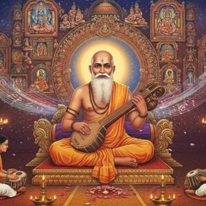 A majestic portrait of Purandara Dasa in traditional South Indian attire with white dhoti and angavastram, seated cross-legged on an ornate golden platform, playing the tambura. His face radiates divine wisdom with a serene expression, tilaka on forehead, and gray flowing beard. Behind him, a large intricate mandala in peacock blue and gold contains miniature scenes of his life journey. Floating musical notes in Sanskrit transform into golden birds. Two rows of lit brass lamps create a path leading to him. In the foreground, modern Indian musicians in contemporary clothing sit respectfully, symbolizing his lasting legacy. Ethereal light streams from above, creating a mystical atmosphere. The scene combines Madhubani-style border patterns with photorealistic central figures. Rich maroon and saffron color palette with touches of celestial blue. Multiple translucent layers of flowing ragas visualized as colorful waves emanate from his tambura. Soft lotus petals float in the air, glowing with inner light.