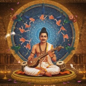 A mystical portrait of Purandara Dasa in traditional white dhoti and angavastram, seated cross-legged on an ornate golden lotus platform, playing the tambura with divine expression. His face radiates spiritual wisdom with a tilak on forehead. Behind him, a large, intricate mandala in deep blues and golds pulses with ethereal energy. Musical notes transform into peacocks and swans, dancing around him in spiral patterns. The background features the Vijayanagara temple architecture with detailed stone carvings. Floating anklets, veenas, and mridangams create a circular halo around him. The scene is illuminated by soft, warm golden light creating a dreamlike atmosphere. The art style merges traditional Mysore painting techniques with modern digital art, featuring rich jewel tones of maroon, saffron, and peacock blue. Subtle streams of light particles and delicate lotus petals float in the air. The composition includes intricate Karnataka-style border patterns and subtle Kannada script motifs integrated into the mandala design.