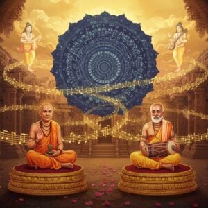 A mystical scene showing two revered Indian saints, Purandara Dasa and Kanakadasa, seated in padmasana on ornate golden platforms. Purandara Dasa wears a saffron dhoti and angavastram, holding his signature tala (cymbals) in his hands, while Kanakadasa is dressed in simple white attire with his signature two-headed tambura. Behind them, a massive, intricately detailed mandala in deep blue and gold spirals outward, embedded with musical notations and symbols. Floating musical instruments - veena, mridangam, and tambura - emit golden light trails that intertwine like divine energy. The background features the ancient Vijayanagara temple architecture with ornate pillars and carved walls. Ethereal figures of celestial musicians (gandharvas) appear as translucent forms in the sky, playing various instruments. The scene is illuminated by warm, divine light creating a gradient from deep maroon to saffron. Traditional Carnatic ragas visualized as flowing, colorful energy streams weave through the composition. Art style combines hyperrealistic digital rendering with traditional Indian Madhubani patterns and motifs. The overall atmosphere is spiritual and transcendent, with subtle lotus petals and peacock feathers floating in the air.