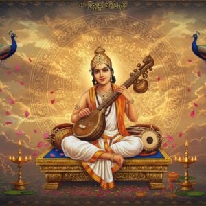 A serene portrait of Purandara Dasa in traditional white dhoti and angavastram, seated cross-legged on an ornate golden platform, playing the tambura with divine expression. His figure emanates a soft golden aura. Behind him, an ethereal mandala-pattern backdrop features intricate Carnatic music notations and symbols in metallic gold and deep maroon. Floating musical instruments - veena, mridangam, and cymbals - surround him in a spiral pattern. The scene is enhanced with floating lotus petals and devotional symbols like anklets and prayer beads. Two translucent peacocks in rich blues and greens frame the composition. The lighting is warm and mystical, with rays of light streaming through clouds. The art style combines traditional Mysore painting techniques with modern digital aesthetics, featuring rich jewel tones of peacock blue, saffron, and gold. Delicate Madhubani-style border patterns adorn the edges. The overall composition creates a harmonious blend of classical and contemporary elements, with a dreamy, spiritual atmosphere.