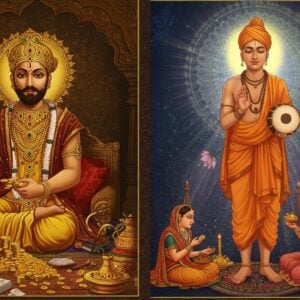 A transformative scene showing a wealthy Indian merchant in rich golden attire transforming into an ascetic saint, depicted in a split composition. On the left, Srinivasa Nayaka counting gold coins in his ornate house with elaborate jewelry and silk clothes, surrounded by account books and wealth. On the right, the same figure as Purandara Dasa in simple saffron robes, holding a tambura, with a peaceful expression and spiritual glow. The background features intricate Madhubani-style patterns with peacock motifs and lotus flowers. A large mandala radiates behind him in soft gold and blue hues. The scene includes subtle symbols of Lord Purandara (Indra) and Lord Vittala. Ethereal light streams through the composition, creating a mystical atmosphere. The art style combines traditional Indian miniature painting elements with modern digital aesthetics, using deep maroons, saffron, and turquoise. Small vignettes in Phad painting style show his wife offering her nose ring to a poor person. The overall scene emphasizes the spiritual transformation through rich symbolism and contrasting imagery.
