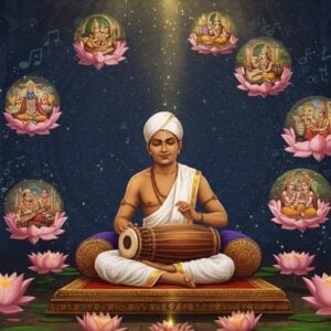 A serene Indian classical scene depicting Purandara Dasa in traditional white dhoti and angavastram, seated cross-legged on an ornate marble platform, playing the tambura with divine expression. His figure glows with a soft golden aura. Behind him, a large, intricate mandala pattern in deep blue and gold contains floating musical notes and symbols of Carnatic music. The background features a stylized temple architecture with pillars adorned with dancing figures. Multiple ethereal, semi-transparent layers show vignettes of his life - teaching disciples, writing compositions, and performing bhajans. Floating lotus flowers in shades of pink and white surround him, each containing miniature scenes of classical musicians. The lighting is mystical with warm golden rays streaming from above, creating a divine atmosphere. The art style combines traditional Mysore painting techniques with modern digital art aesthetics, featuring rich jewel tones of maroon, peacock blue, and saffron. Small glowing orbs of light, representing the seven musical notes, dance around him. The scene should capture both the scholarly and spiritual aspects of Purandara Dasa's contributions to Indian classical music.
