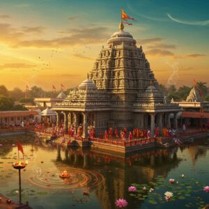 A majestic aerial view of Puri's Jagannath Temple during sunrise, with golden rays illuminating its white-carved spire against a mystical sky of deep saffron and turquoise. The temple's traditional Kalinga architecture is rendered in intricate detail, with its 214-feet high sikhara adorned with traditional Odishan motifs. The foreground features a sacred pond reflecting the temple's grandeur, surrounded by blooming lotus flowers in pink and white. Devotees in traditional Odishan attire circumambulate the temple, creating a gentle flow of movement. The scene is enhanced with swirling patterns of sandalwood paste and floating marigold petals. The iconic temple flags flutter in the breeze, while mystical trails of incense smoke create ethereal patterns in the air. The art style combines hyperrealistic architectural details with surreal lighting effects, incorporating elements of traditional Pattachitra art in the decorative details. The color palette focuses on deep maroons, oceanic blues, and rich golds, with soft glowing highlights. Sacred conch shells and traditional deepams (oil lamps) dot the temple premises, their flames creating points of divine light.