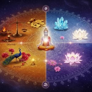 A cosmic mandala divided into four interconnected quadrants, each representing the Purushartha with distinct symbolism: First quadrant shows scales of justice and a sacred fire (Dharma), second shows golden coins and pristine crystals (Artha), third displays a pair of peacocks and blooming red flowers (Kama), and fourth reveals a radiant white lotus emerging from darkness (Moksha). At the center, a meditating Indian figure in lotus position glows with divine light, connecting all four sections. The entire composition is rendered in rich traditional Indian colors - deep saffron, royal blue, burnished gold, and spiritual white. Intricate Madhubani-style patterns flow between sections, while modern digital lighting creates an ethereal atmosphere with soft highlighting and lens flares. Sacred geometry patterns and flowing energy lines connect all elements. The background features a subtle gradient from deep indigo to cosmic purple, with tiny stars and sacred Sanskrit symbols floating in space. Photorealistic rendering with supernatural elements, cinematic lighting, volumetric fog, and golden particle effects.