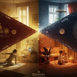 A serene modern Indian living room with four distinct areas seamlessly blending into each other, illuminated by soft golden light. In the first area, a young Indian professional in business attire performs yoga on a mat (Dharma), surrounded by floating golden dharma wheels. The second area shows a minimalist home office with modern technology and traditional brass decor (Artha), with coins and prosperity symbols subtly woven into the design. The third area depicts a cozy family corner with a couple sharing tender moments (Kama), decorated with lotus motifs and warm colors. The fourth space shows a peaceful meditation corner (Moksha) with a glowing mandala and floating light orbs. The entire scene is tied together by intricate Madhubani-style patterns flowing through the walls, creating visual harmony. The color palette features deep maroon, peacock blue, and saffron with modern metallic accents. Sacred geometry patterns subtly connect all four spaces, while ethereal light beams shine through large windows. The overall composition should be photorealistic with mystical elements, showing both traditional Indian spirituality and contemporary lifestyle.