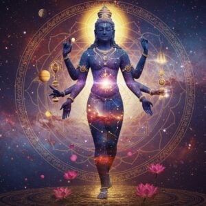 A majestic cosmic figure of Purusha rendered in ethereal gold and deep indigo, depicted as a colossal being emerging from the cosmos. His body forms the universe itself - his head is the celestial realm with glowing constellations, torso contains floating planets and nebulae, legs merge into earthly elements. Multiple translucent layers showing different cultural interpretations - Hindu Vedic symbols, Buddhist mandalas, and ancient cosmic diagrams float around him. The figure has four arms in mudras, adorned with subtle Sanskrit symbols. The background features a massive Sri Yantra geometric pattern glowing with purple and gold energy. Swirling galaxies and stars in rich peacock blues and deep maroons create depth. Traditional Madhubani patterns and motifs seamlessly blend with modern digital space art. Lotus flowers and subtle sacred geometry float in the foreground. The lighting creates a divine glow, with soft highlights in copper and bronze tones. Photorealistic rendering with surreal cosmic elements, cinematic composition, and ethereal atmosphere. Style combines traditional Indian mystical art with contemporary digital space fantasy.