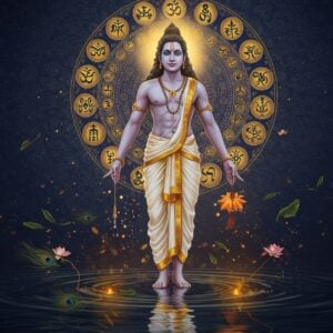A divine Indian male figure standing tall in meditation pose, adorned in pristine white dhoti with golden border, emanating a soft golden aura. His perfectly proportioned body displays the key Purusha characteristics - broad shoulders, long arms reaching to knees, well-defined lotus eyes, conch-shaped neck, and lion-like chest. Behind him, 32 ethereal golden symbols float in a circular mandala pattern, each representing a divine characteristic. The background features intricate Madhubani-style patterns in deep indigo and gold, with floating lotus flowers and sacred geometry. A subtle om symbol glows at his third eye. The lighting is mystical with warm golden rays filtering through, creating a serene atmosphere. The art style combines hyperrealistic digital rendering with traditional Indian art elements. The figure stands on a reflective pool surface showing rippling mandala patterns. Floating peacock feathers and sacred threads add movement to the composition. The overall color palette includes deep royal blue, burnished gold, saffron, and pearl white.