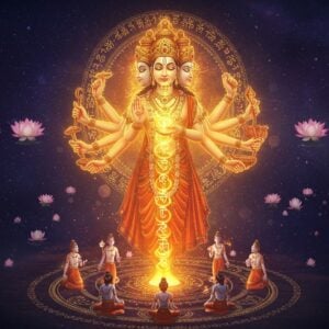 A majestic visualization of the cosmic Purusha, portrayed as a luminous divine being with multiple arms forming a mandala pattern, radiating golden light against a deep indigo cosmic background. The figure has four heads representing the Vedas, adorned with intricate golden crown and jewelry inspired by traditional Indian temple art. Sacred Sanskrit vibrations visualized as flowing, glowing geometric patterns emerge from the Purusha's mouth, creating concentric circles of light in shades of saffron, white, and gold. The background features subtle Madhubani-style artwork showing the elements - earth, water, fire, air, and ether - interconnected through delicate golden threads. Floating lotus flowers in pastel pink and blue surround the scene, while small translucent orbs of light represent the cosmic energy. The lighting is ethereal with soft highlights and a warm golden glow. The art style combines hyperrealistic digital rendering with traditional Indian artistic elements, creating a serene yet powerful spiritual atmosphere. Multiple small vedic deities in meditation poses are shown emerging from the cosmic light in a circular pattern around the main figure.