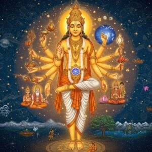 A majestic cosmic scene depicting the Purusha (Cosmic Being) as a luminous, golden figure with multiple manifestations emerging from his body. His form is ethereal and semi-transparent, adorned with traditional Indian ornaments and flowing garments in deep saffron and white. From his head emerges the celestial realm with glowing stars and planets in rich indigo and gold, from his arms emerge sages and deities in meditation, from his torso emerges human society in various roles, and from his feet emerges the natural world with stylized trees, mountains, and oceans. The composition follows a vertical hierarchy, with intricate Madhubani-style patterns forming mandalas and sacred geometry in the background. The color palette includes deep cosmic blues, celestial golds, burning saffrons, and pure whites. The scene is illuminated by divine light emanating from the center of the Purusha, creating a gradient of warm light that bathes the entire composition. Small details include vedic symbols, subtle sanskrit yantra patterns, and flowing energy lines connecting all manifestations. The art style combines traditional Indian iconography with modern digital art techniques, creating a surreal and spiritual atmosphere.
