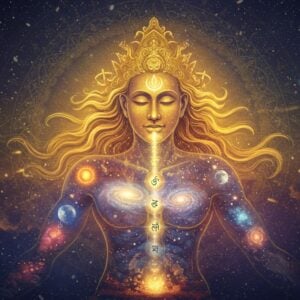 A majestic cosmic figure of Purusha rendered in ethereal, luminous colors, depicted as a colossal being composed of swirling golden and deep blue cosmic energy. His form stretches across the universe, with galaxies, stars, and nebulae emerging from different parts of his body. His face is serene and Indian in features, with a subtle golden glow. The four Vedas emanate as streams of Sanskrit letters transforming into pure light from his mouth. The cosmic being's body is translucent and contains multiple worlds within – the sun emerging from his eyes, the moon from his mind, Indra and Agni from his mouth, and the wind from his breath, all illustrated in a modern digital art style with traditional Madhubani patterns. The background features intricate mandalas and sacred geometry in deep indigo and gold. Multiple dimensions and realms are shown as layers within his form, with each layer having distinct cosmic patterns. The overall composition has a dreamy, spiritual quality with soft glowing edges and ethereal light particles floating throughout the scene, creating a sense of divine mysticism and infinite cosmic scale.