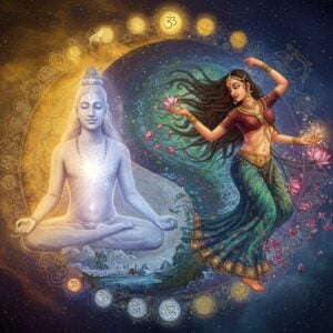 A cosmic scene depicting two intertwining energies - one masculine (Purusha) represented as a serene-faced Indian man in meditation pose emanating pure white consciousness light, and one feminine (Prakriti) shown as a graceful Indian woman with flowing hair creating the material universe through swirling patterns of deep blues, greens, and earth tones. The man appears transparent and ethereal while the woman manifests tangible elements like mountains, rivers, and flowers through her dance-like movements. They are surrounded by intricate Madhubani-style patterns featuring sacred geometry, lotus flowers, and cosmic symbols. The background transitions from pure golden light (representing consciousness) to material manifestations. Multiple translucent layers show the evolution from subtle to gross elements. The lighting is dramatic with soft glows and lens flares. The overall composition follows a yin-yang pattern but with Indian artistic elements. The style combines hyperrealistic digital art with traditional Indian motifs. Small floating mandalas and Sanskrit symbols appear as energy particles. The scene captures both the eternal stillness of Purusha and the dynamic nature of Prakriti.