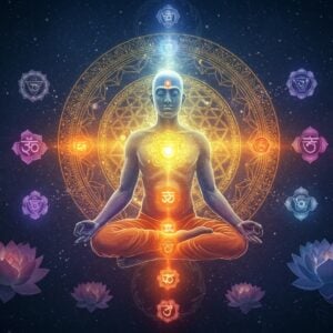 A serene Indian man in lotus position floating ethereally against a cosmic backdrop, his form semi-transparent and illuminated from within by golden light. His body is divided into three distinct ethereal sections representing the three doshas - Vata (blue-white aura), Pitta (red-orange aura), and Kapha (earth-green aura). A large, intricate Sri Yantra mandala glows behind him in metallic gold. Around him, seven chakra symbols float in their respective colors, connected by flowing energy lines. The background features subtle Madhubani-style patterns in deep indigo and gold. Multiple translucent lotus flowers in pastel pink and white float around him. The scene is enhanced with swirling cosmic energy patterns and small particles of light. The lighting is soft and mystical, creating an otherworldly atmosphere. The man's expression is peaceful and enlightened, with a subtle third eye symbolism. Modern digital art style merged with traditional Indian artistic elements, photorealistic quality with surreal elements, 8k resolution, cinematic lighting.